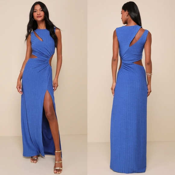 Lulus Upgraded Stunner Royal Blue Ribbed Cutout Sleeveless Maxi Dress XS Party - Picture 1 of 9